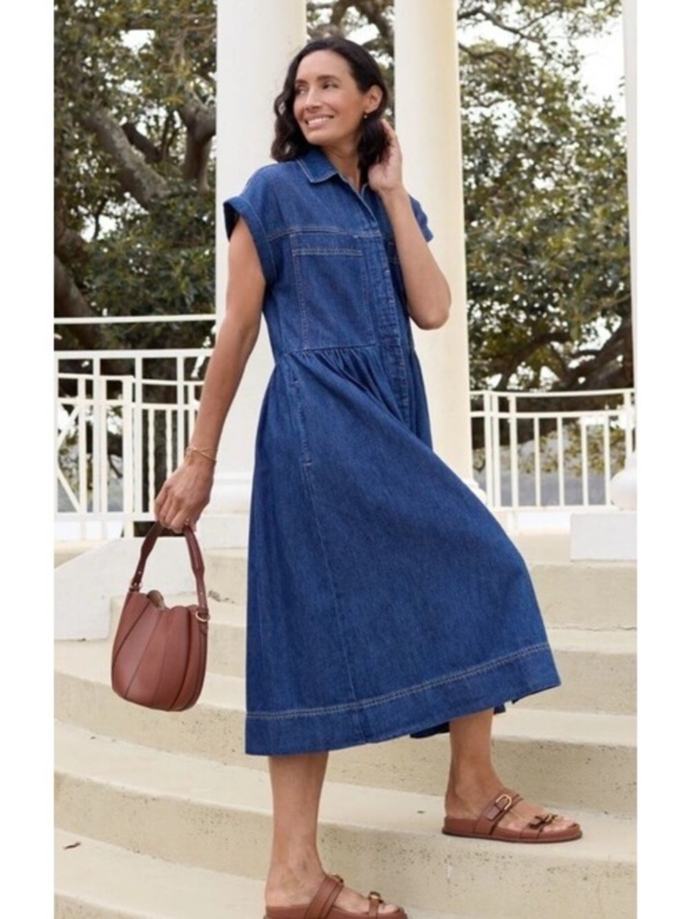 Maye Harper Med Wash Denim Button Front Midi Dress Short Sleeve 100% Cotton Sz L